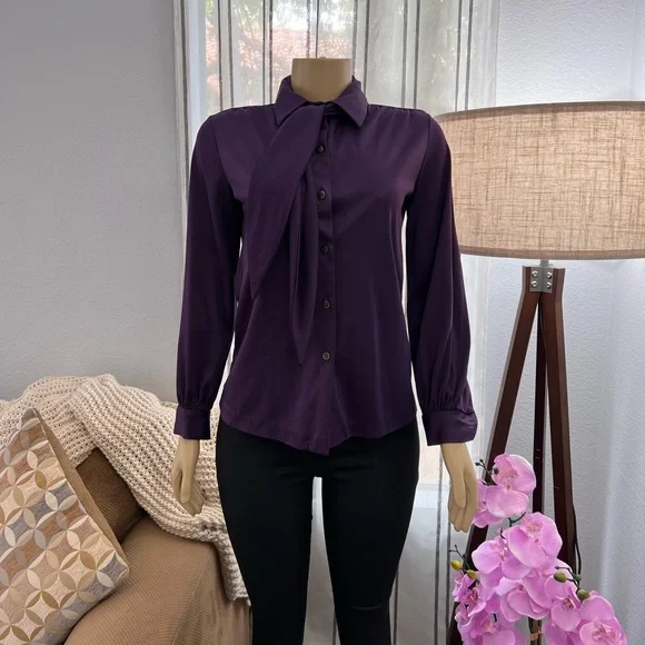 Lori Lynn Tops | Vintage Lori Lynn Women's Purple 70s Button Up Shirt Size M Medium Top Neck Tie | Color: Purple | Size: M | Zoesfuture's Closet
